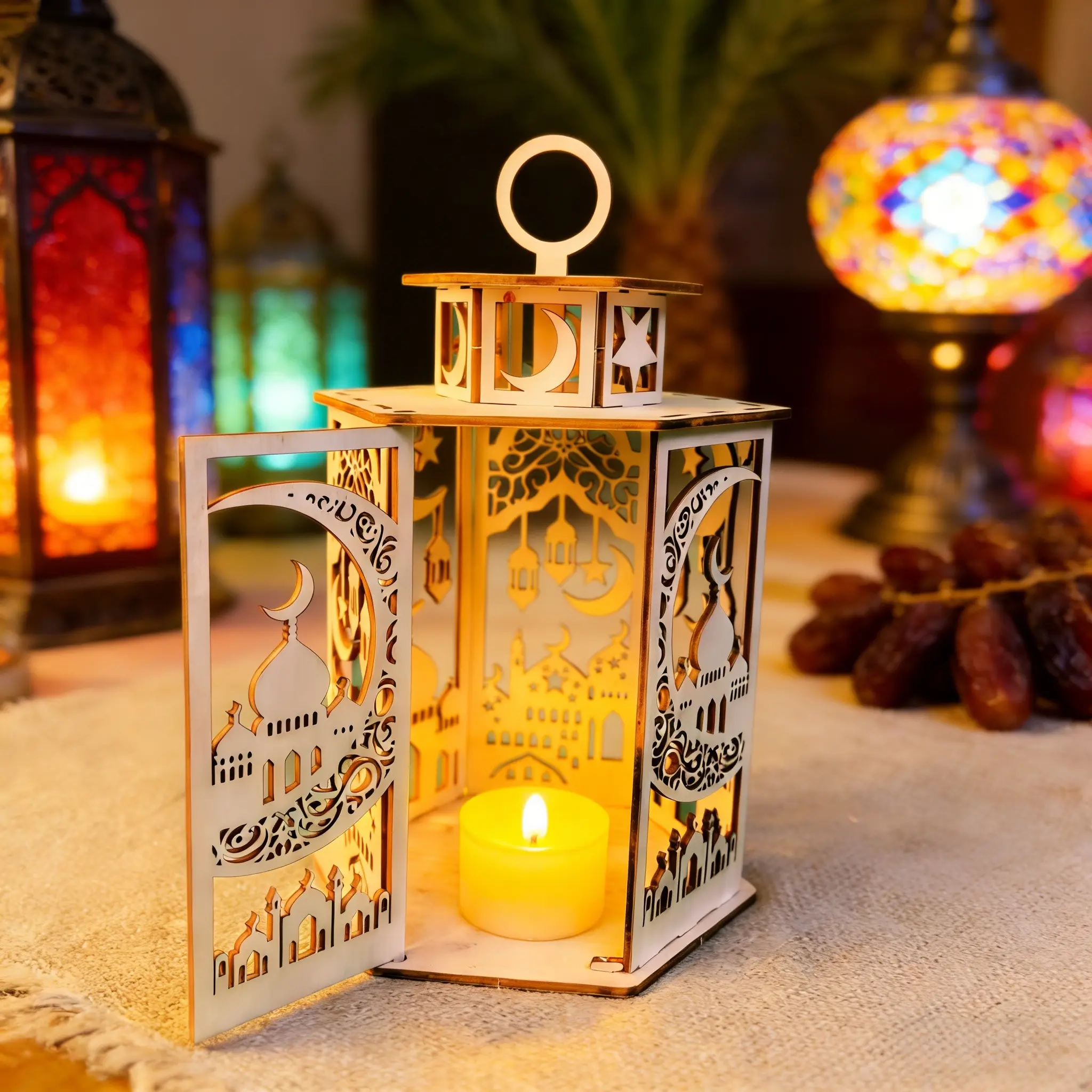 Wooden Hollow Wind Lantern, Islamic Ramadan Style, Star Moon Mosque Pattern, Eid Mubarak Home Desktop Decoration, Stylish Religious Decor