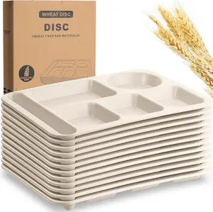12 count 14'' Large Divided Plates Unbreakable Wheat Straw Lunch Trays 6 Compartments Cafeteria Trays Microwave Dishwasher Safe  Separator Plates (Beige)