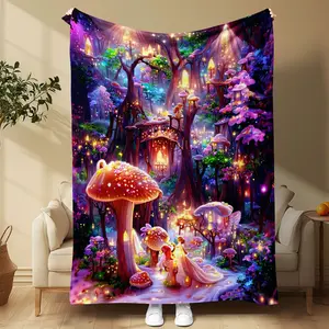 1 Piece Dreamy Fairy - Tale Forest Blanket✨ Magical mushroom house and fairy scenes, super charming! Great for sofa relaxing, bedroom decor. Ideal gift for holidays. Must - have for fairy - tale lovers