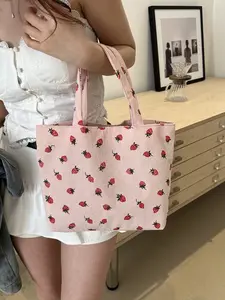 Boatkin Bag, Cute Strawberry Print Canvas Tote Bag | Casual Double Handle Shoulder Bag | No Closure | Lightweight for School, Travel, Shopping | 100% Polyester