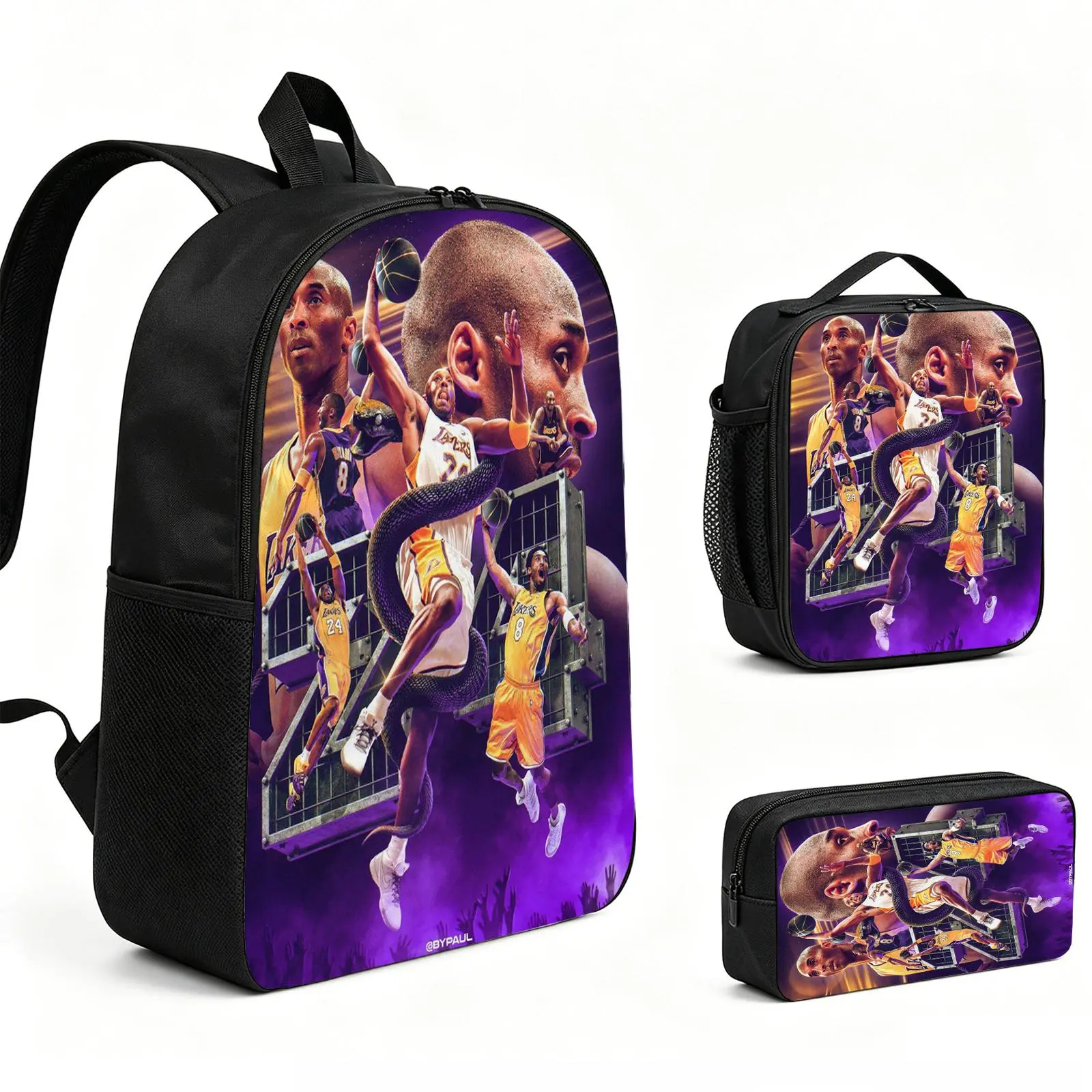 Kobe Bryant Backpack 3pcs Set with Vibrant Print, Durable School Bookbag with Insulated Lunch Tote and Pencil Bag for Teens Boys Girls, Multi-Functional Laptop Travel Daypack Gift for Kids L-83