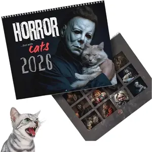 2026 Horror Movie & Cats Wall Calendar, Halloween Horror Wall Calendar, Spooky Cat Calendar, Spiral Bound 12 Monthly Calendar for Halloween Decor