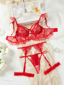 Christmas Romantic Midnight Floral Embroidered Lace Lingerie Set, Adjustable Bra and Thigh Straps, Comfortable Women's Underwear, Soft Lightweight Lingerie