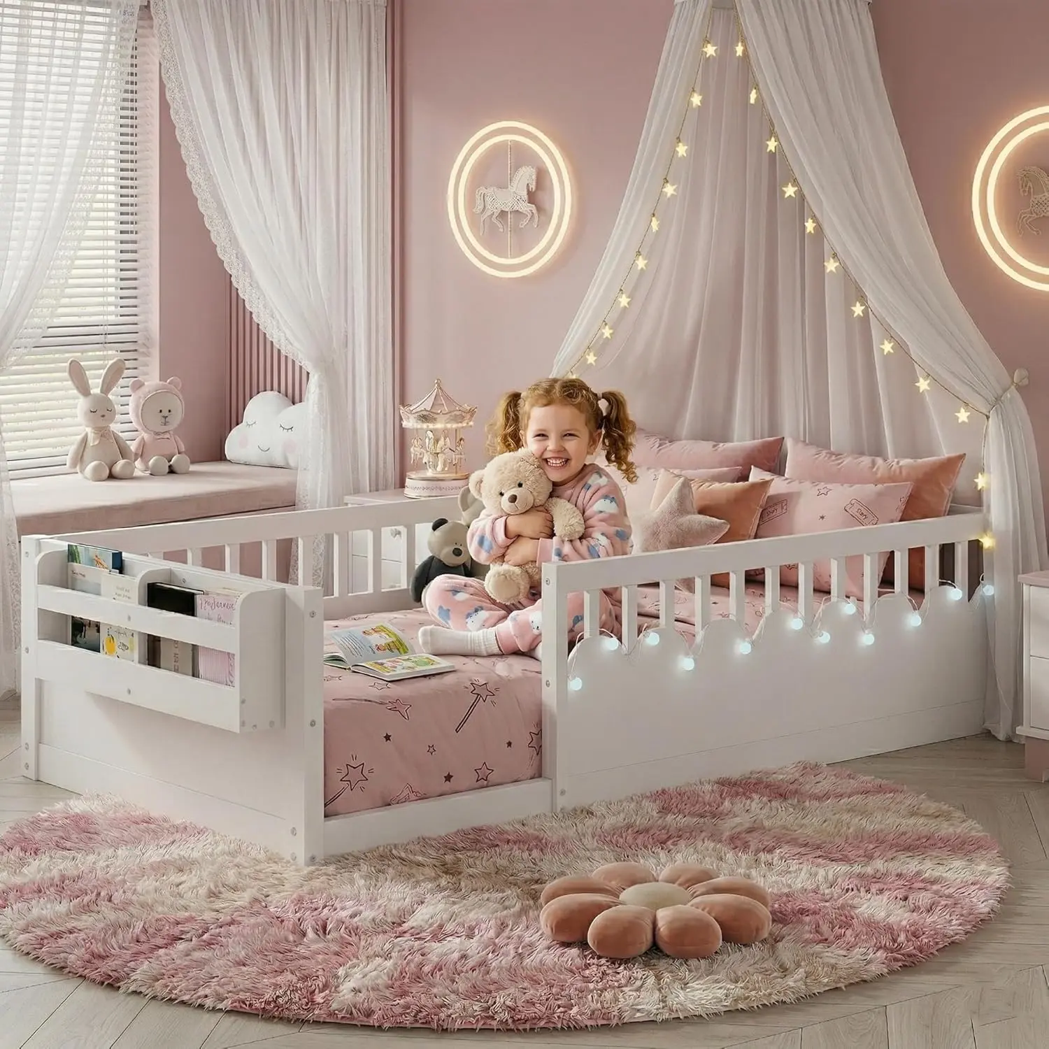 Twin Montessori Floor Bed with High Rails, Wooden Twin Size Bed Frame Kids with LED Lights & Storage Shelf, Montessori Beds Frames for Kids, Girls, Boys, White