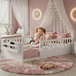 Twin Montessori Floor Bed with High Rails, Wooden Twin Size Bed Frame Kids with LED Lights & Storage Shelf, Montessori Beds Frames for Kids, Girls, Boys, White