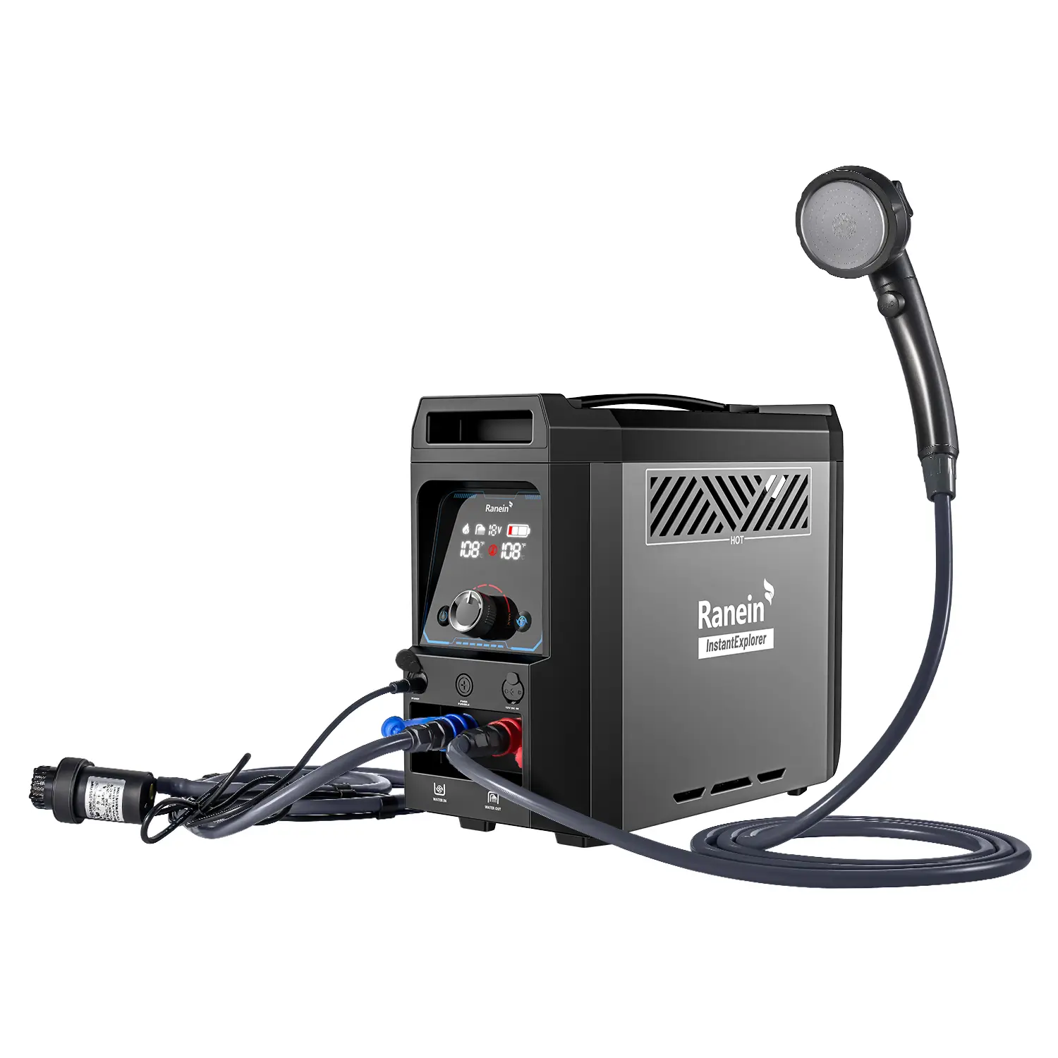Ranein Portable Camping Water Heater (Carry Handle Model), Propane On-Demand Camping Water Heater, Built-in 4000mAh 1.5-Hour Rechargeable Battery, Compact Outdoor Instant Shower Heater