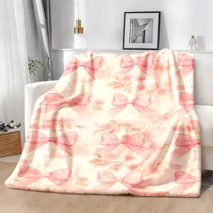 Pink Bow Print Flannel Blanket Soft, Lightweight Cozy For All Seasons, Perfect For Sofa, Office, Bed, Camping Travel Stylish Geometric Design With Pink Bows Floral Accents, For Allseason Bl