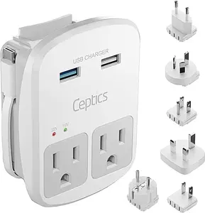 World-Way 6 Travel Adapter Kit | 2 USB + 2 US Outlets - Grounded (WPS-2B)
