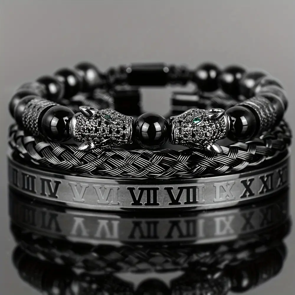 Men's 3-Piece Premium Black Agate Bead Bracelet Set - Double Leopard Head, Roman Numerals, Adjustable Weaving Design, Stainless Steel Structure - Minimalist Neutral Durable Fashion Accessory, Ideal Gift for Boyfriend
