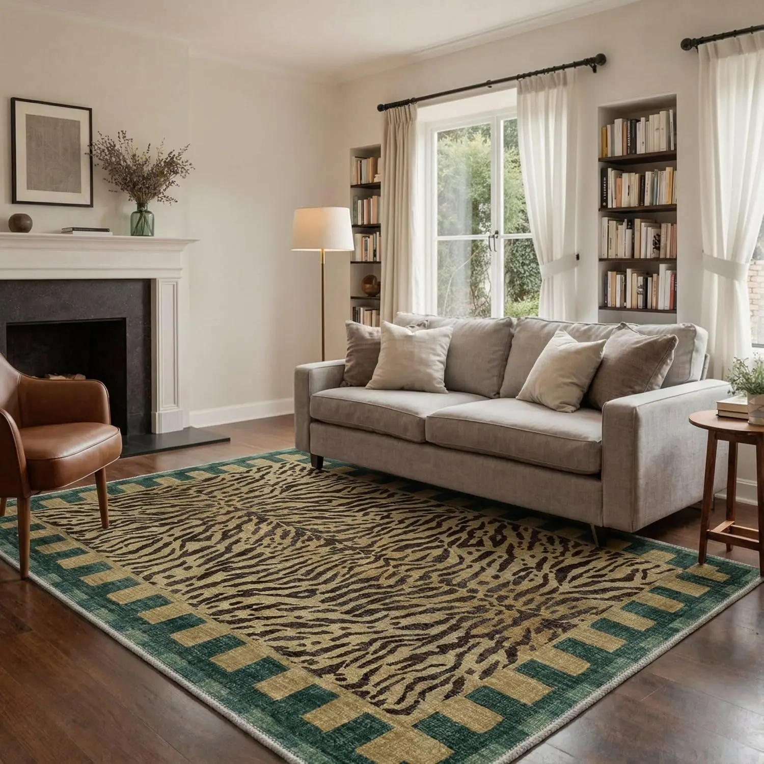 【Deals For You Days】GENIMO Washable Area Rug with Non Slip Backing, Low Pile Lightweight Print Pattern Rug for Living Room Bedroom Dining Room, Tiger Stripe Natural Bionic Style, Moss Bronze
