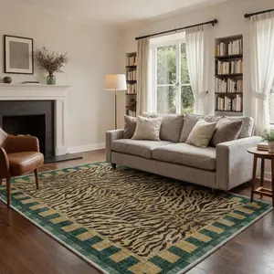 【Summervibes】GENIMO Washable Area Rug with Non Slip Backing, Low Pile Lightweight Print Pattern Rug for Living Room Bedroom Dining Room, Tiger Stripe Natural Bionic Style, Moss Bronze