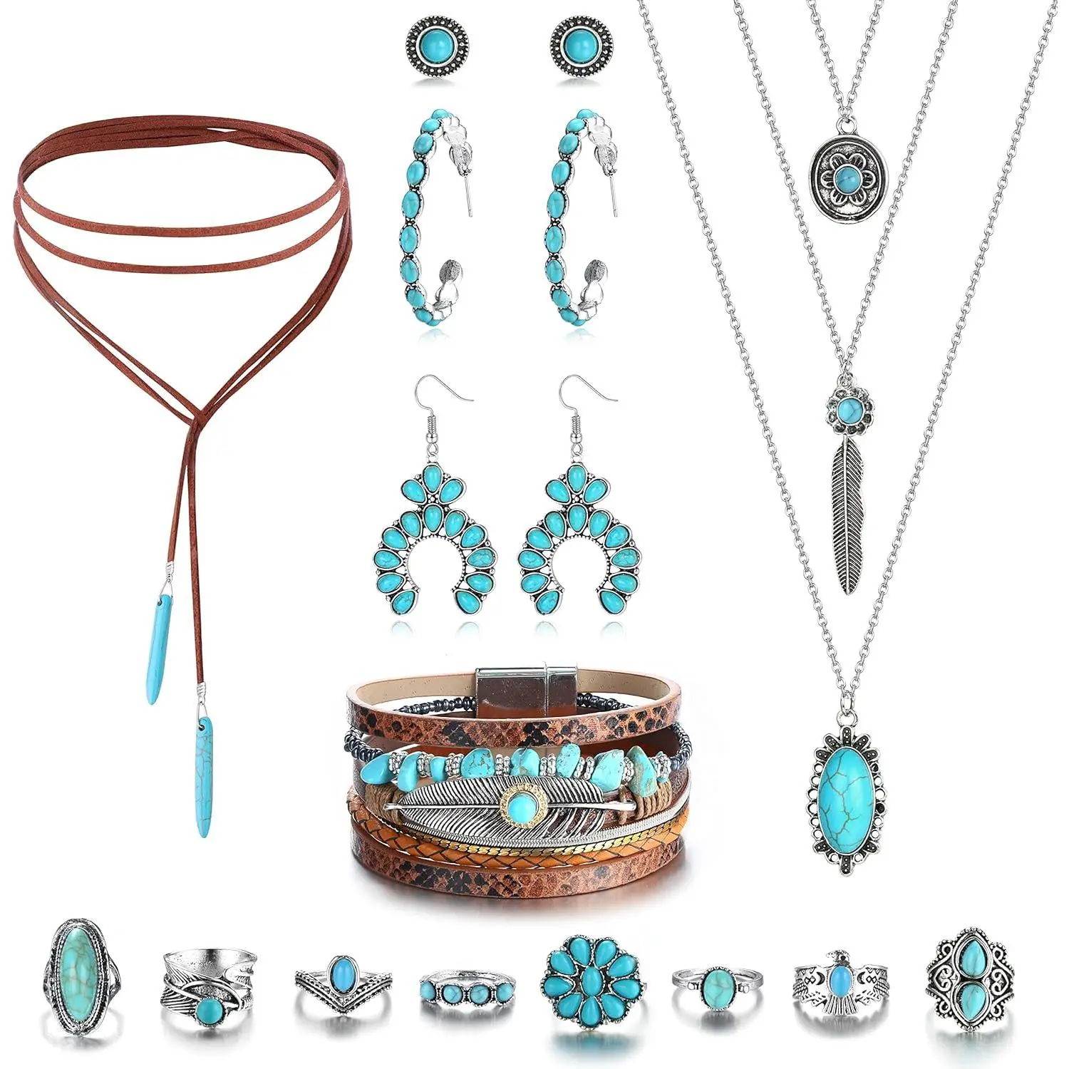 Western Jewelry For Women Bohemian Turquoise Jewelry Set Turquoise Pendant Choker Necklace Turquoise Faux Leather Cuff Bracelet Turquoise Hoop Dangle Earrings Turquoise Joint Knuckle
