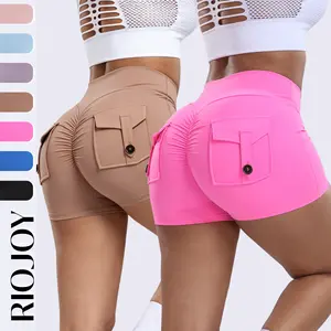 RIOJOY Women's Workout Shorts with Cargo Pocket Scrunch Butt Gym Shorts V Cross Waist Yoga Booty Lifting Athletic Bottom for Women High Waisted Squat-Proof 3" Inseam Contour Seam Spring Statements