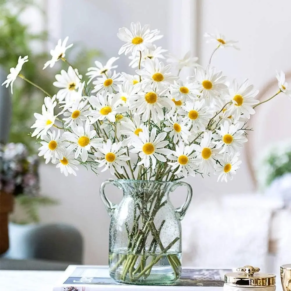 Eco-Friendly Decorative Bundle Artificial Flowers - 10 Bundles, 50 Heads Silk Daisy Gerber Fake Wildflowers for Home, Wedding Spring Floral Decor (Vase Not Included)