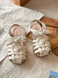 Cream Braided Girl Sandals, Sweet Fresh Style, Elegant Lace Bow Detail, Perfect for Daily Wear, Outdoor Activities