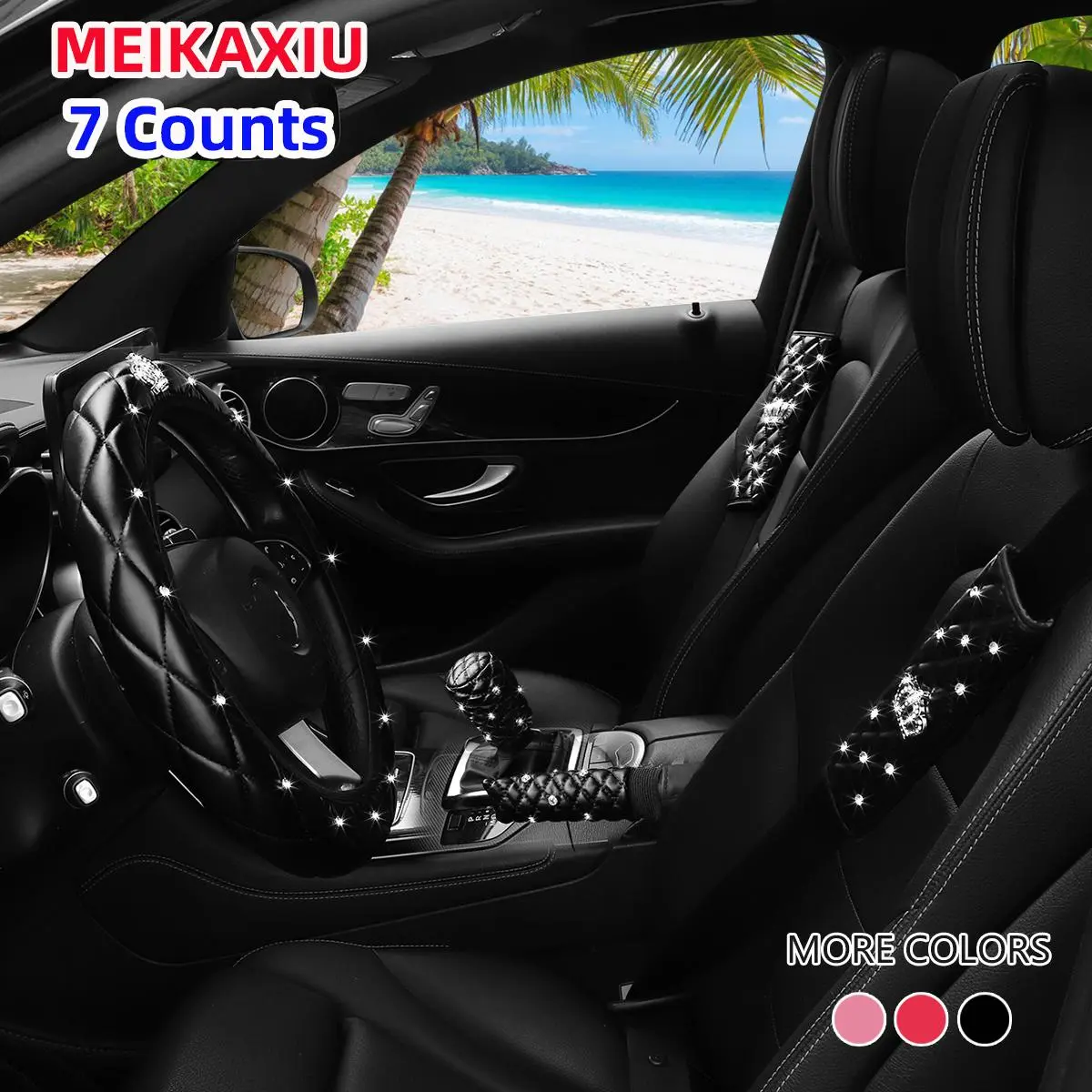 Car Interior Decoration Set, Car Steering Wheel Cover & Gear Cover & Handbrake Cover & Coasters & Shoulder Pads Set, Car Accessories for Women, Car Stuff, Car Accessories for Girls, Car Interior Accessory
