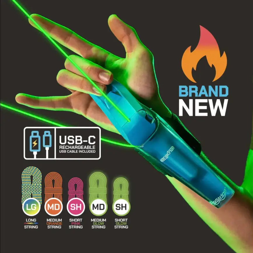 ZipString Aracna String Launcher Toy | Glow-in-the-Dark Web Shooter with Retractable Flying String | USB-C Rechargeable Interactive Fidget Toy Colorful
