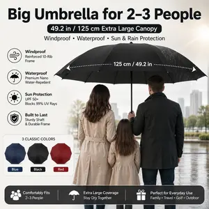 49.2in/125cm Extra Large Windproof Umbrella for 2-3 People, 10-Rib Reinforced Waterproof UV Sun Rain Stick Umbrella, Strong Sturdy Oversized Golf Umbrella for Men Women Family, Business Travel, Outdoor Walking Daily Rainy Days
