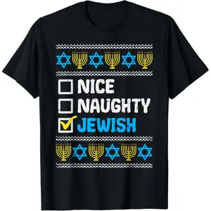 100% Cotton Nice Naughty  Ugly Hanukkah Sweater Chanukah Jew Gift Short Sleeve T-Shirt