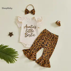 Baby Girl Spring Outfits Letter Short Sleeve Romper with Leopard Pattern Flare Pants and Bow Headband 3 Pcs Set