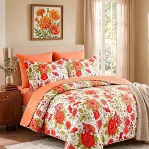 6 pcs Reversible Floral Printed Quilted Bedspread Set Soft Lightweight Coverlet with 4 Pillow Shams 1 Bedspread 1 Fitted Sheet for Queen King Cal King  Decor Bedroom Bedding Set Holiday Gift For Family&Friend Local Warehouse
