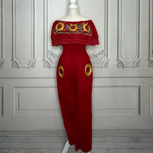 Mexican Embroidered Sunflower Jumpsuit - Off Shoulder