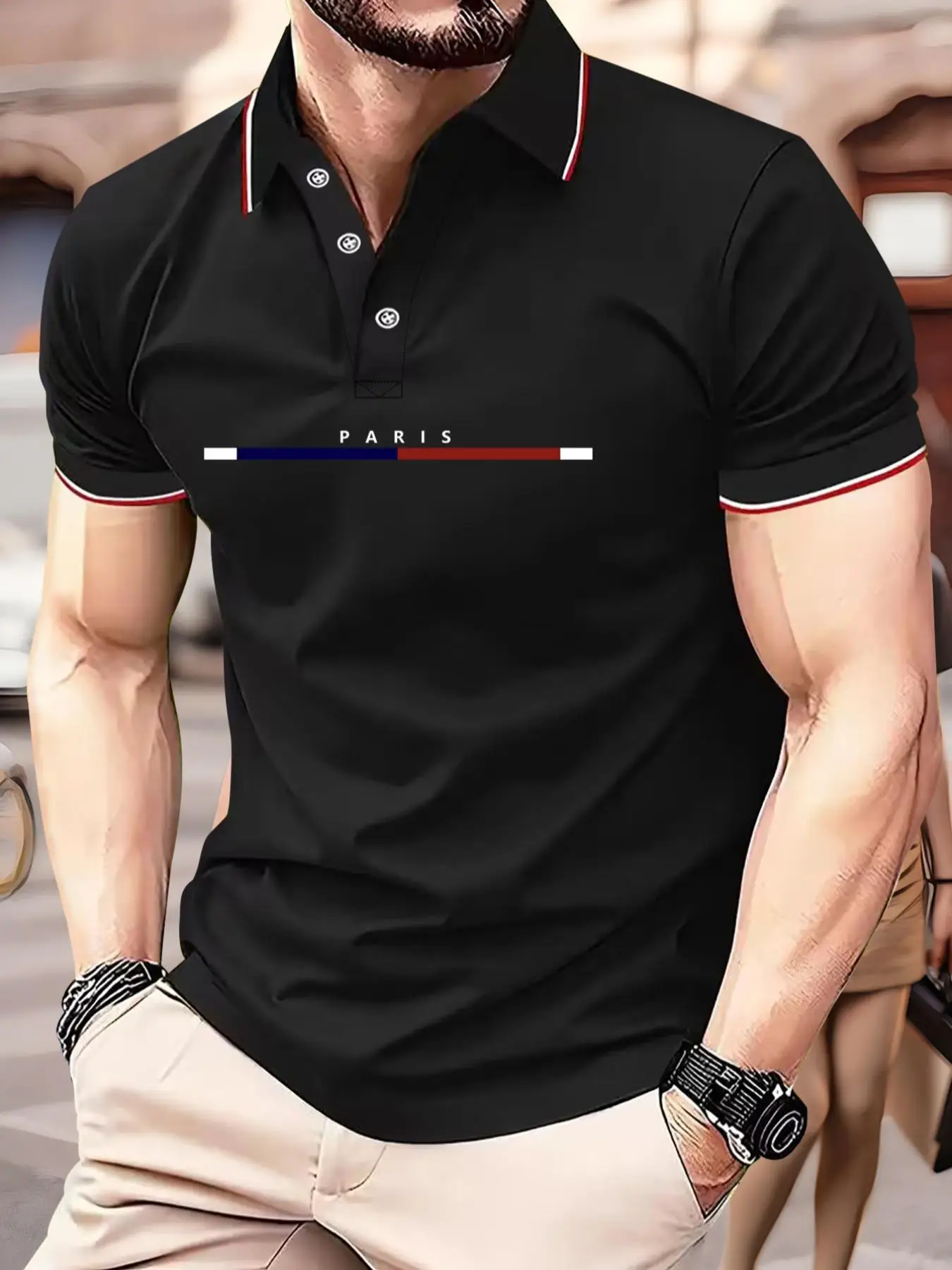 Men's Letter Graphic Short Sleeve Polo Shirt, Regular Fit Casual Striped Trim Half Button Collar Top for Summer, Fashion Men's Clothes for Daily Wear,