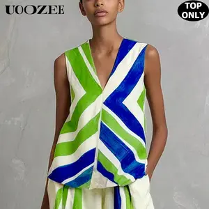 UOOZEE Women's Green & Blue Geometric Chevron Print Sleeveless V-Neck Tank Top, 100% Polyester Soft Fabric, Non-Stretch, Lightweight Breathable, Loose Fit, Casual Everyday Statement Summer Workwear Blouse