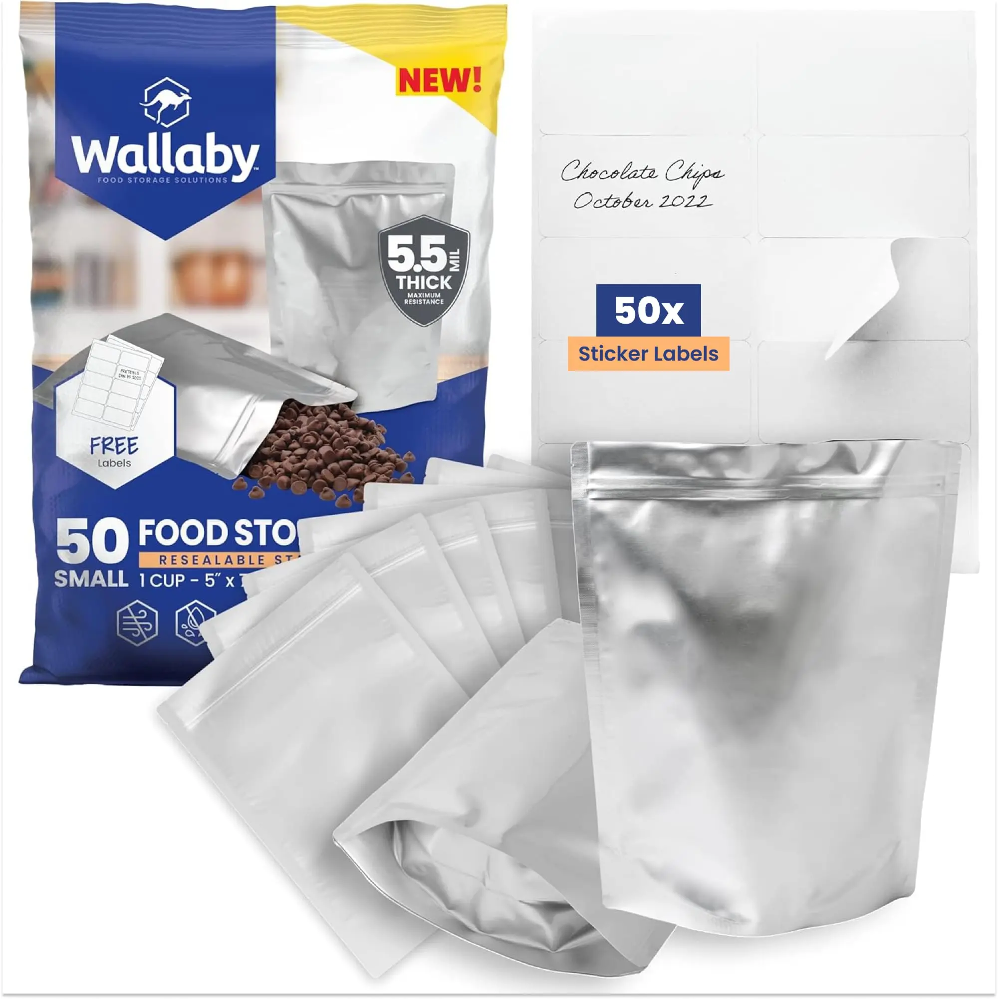 Wallaby 1-Cup Gusseted Mylar Bags with Labels (50 Count) 11 Mil Total Thickness - Long-Term Food Storage - Heat-Sealable Airtight Packaging - Silver
