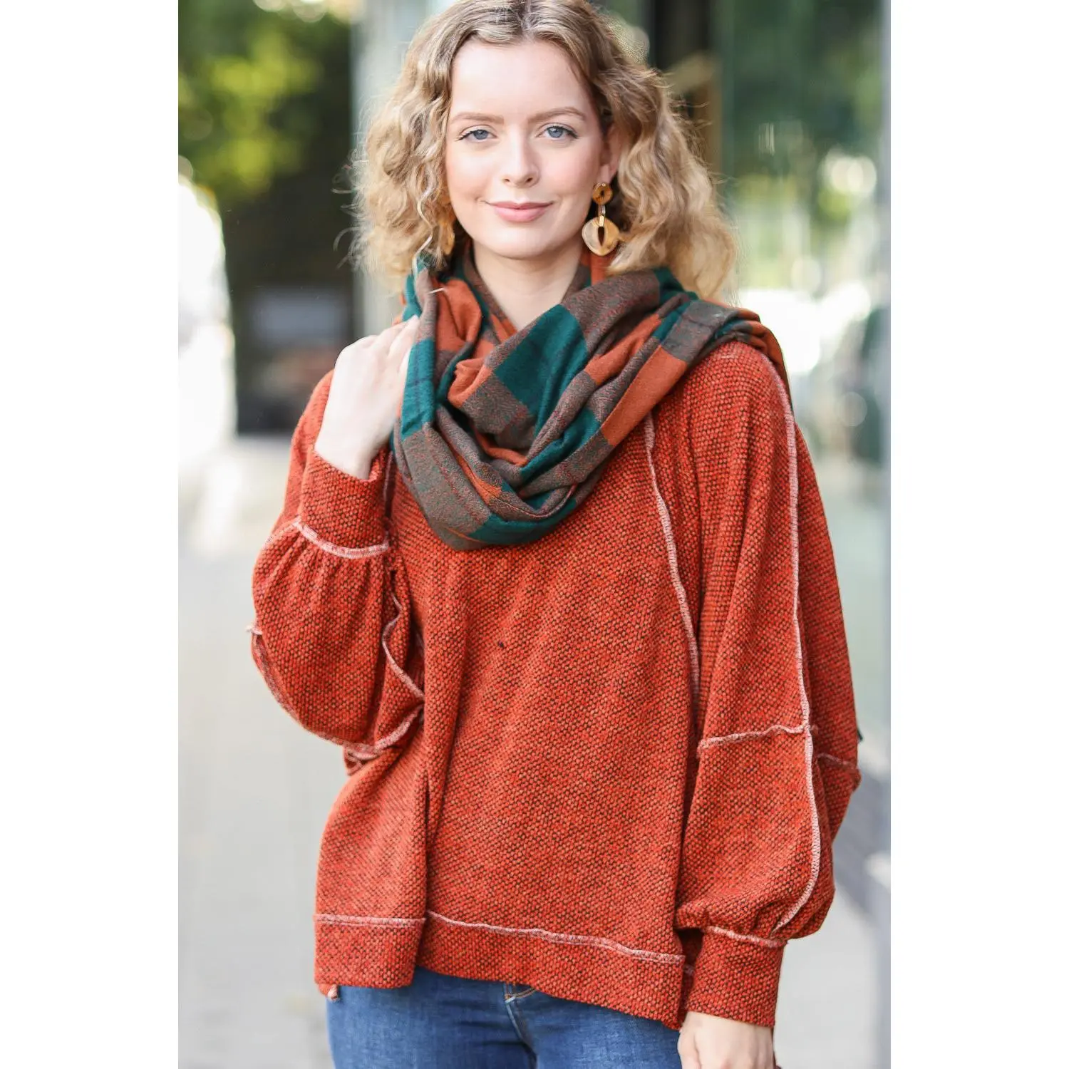 Rust & Green Plaid Frayed Scarf
