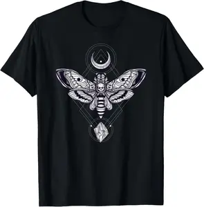 Stylish Knit Round Neck Short-Sleeve Cotton T-Shirt - Crystal Moon, Death Moth Graphic Print, Soft Pagan Mystic Skeleton Garment, Summer Casual Streetwear Sports Top