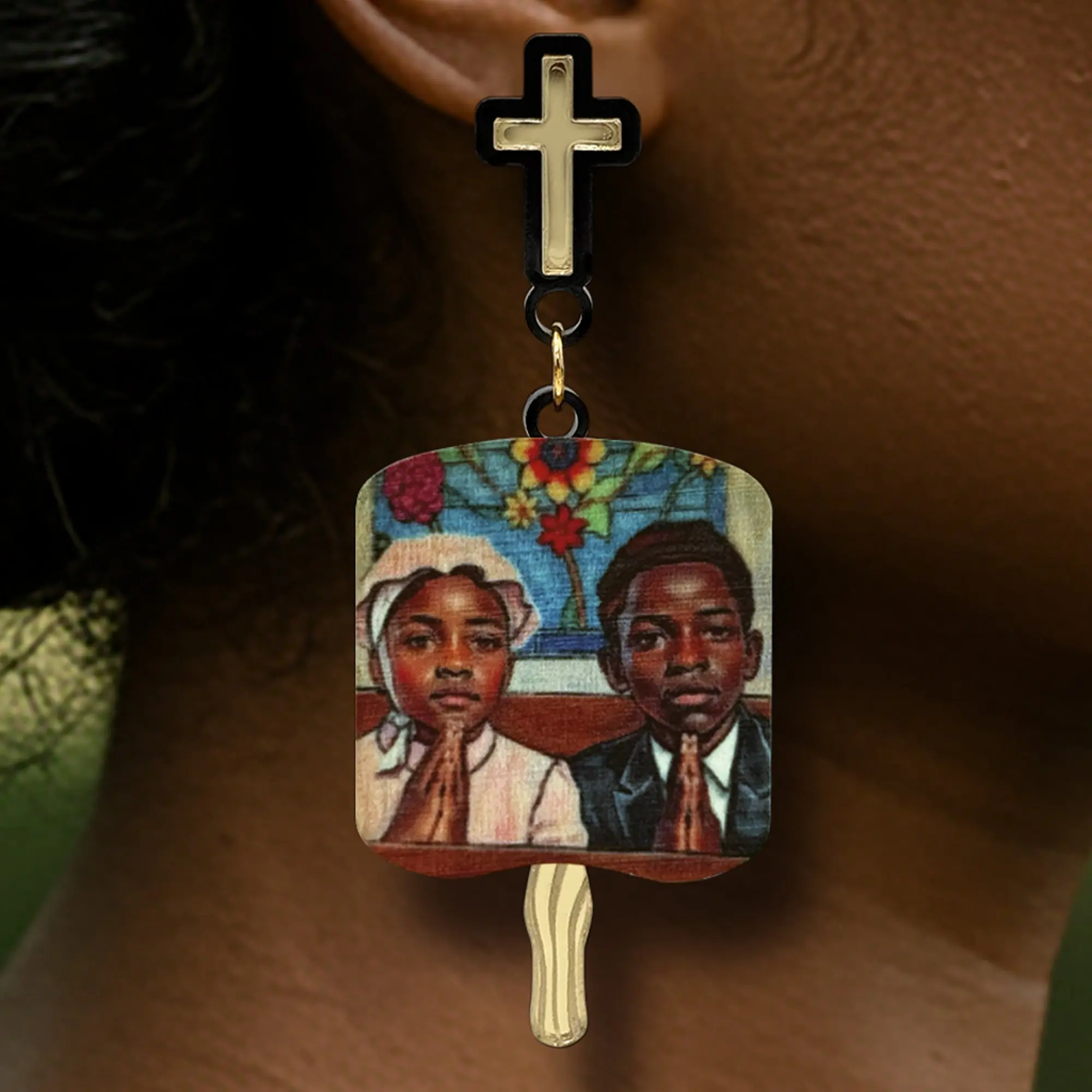 Church Fan Earrings, Vintage Christian Art, Children Praying, Religious Jewelry, Unique Easter Cross Dangle Earrings, Sunday Service, Bible Study Jewelry