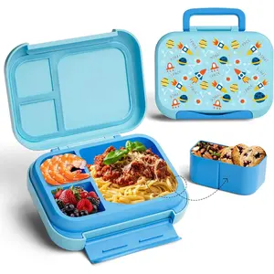 Kids Bento Lunch Box 5-Compartment Leakproof Container with Handle Movable BPA-Free Snack Box Dishwasher Microwave Safe Utensils Included for Kids Adults School Office Travel Blue