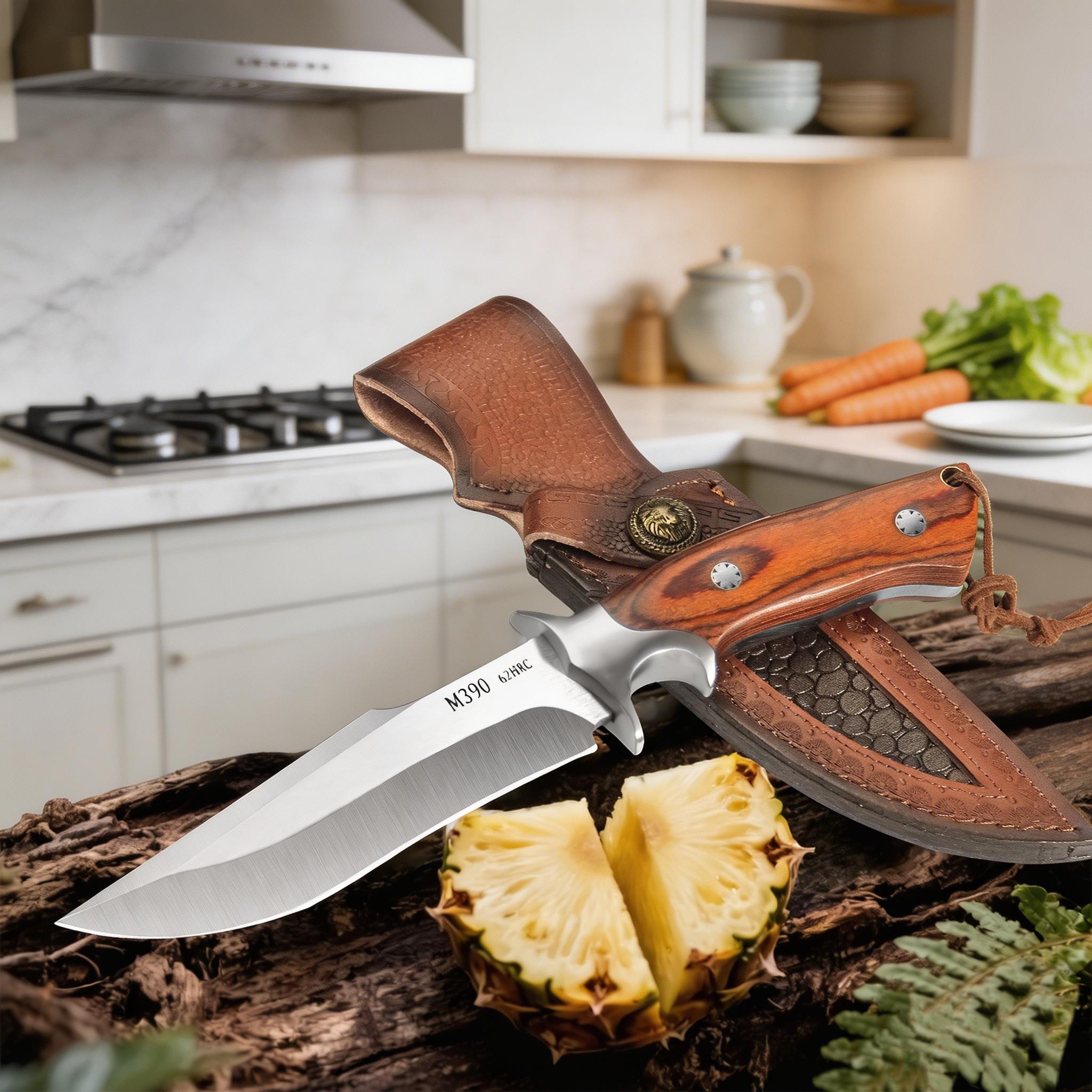 Premium Fruit Paring Knife with Genuine Leather Sheath, Stainless Steel Blade, Wood Handle for Kitchen & Outdoor