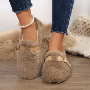 Comfortable Women's Fuzzy Buckle Loafers Plush Lining, Metal Buckle Accent Indoor Outdoor Shoes Winter Slip-Ons