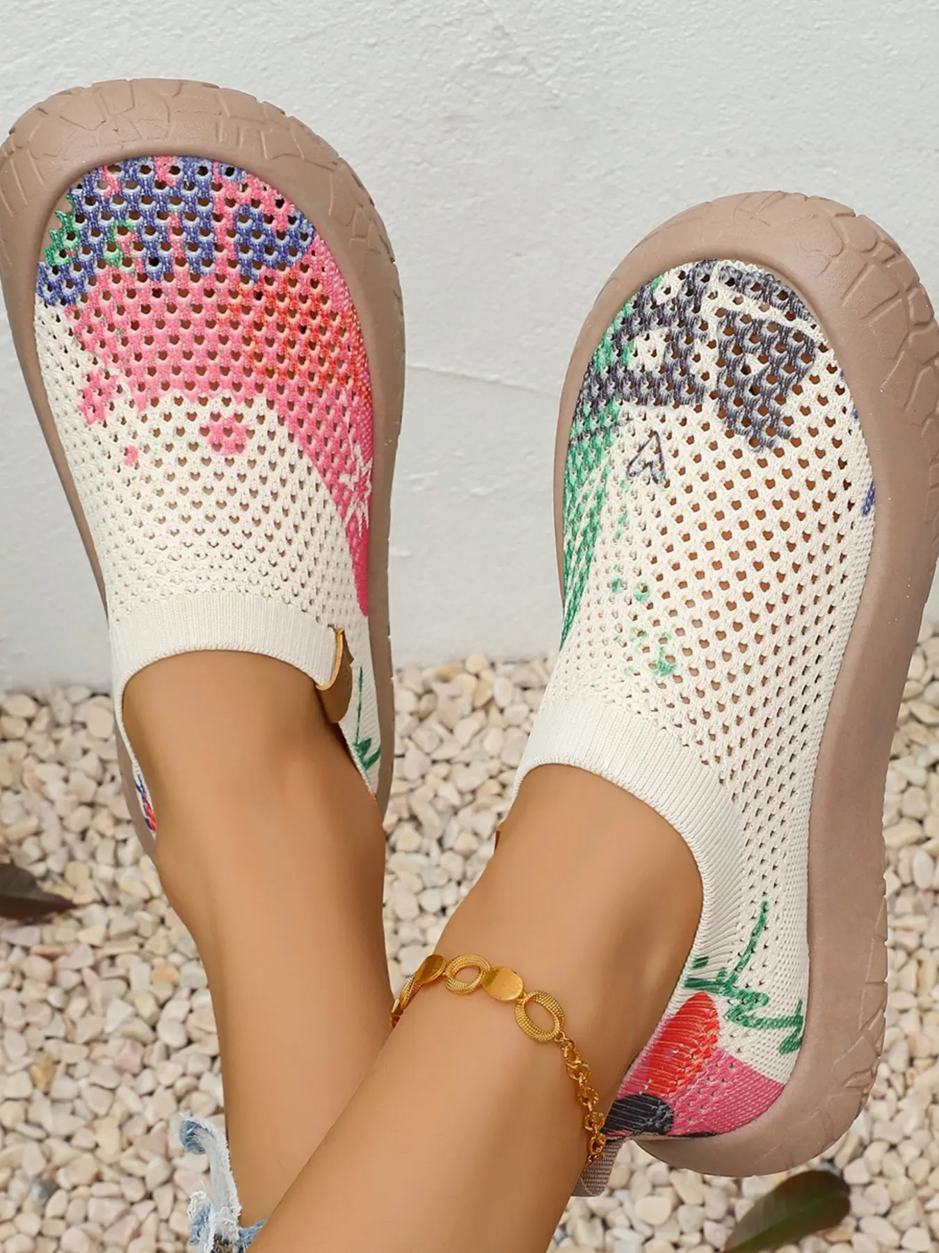 2026 Summer New Colorful Print Mesh Breathable Casual Fashion Shoes for Women, Thick Sole Anti-Slip Soft Bottom Sports Shoes, Lightweight Slip-On Comfortable Walking Shoes, Open Slip On, Soft Soled Rubber Slip Ons, Slip On Footwear