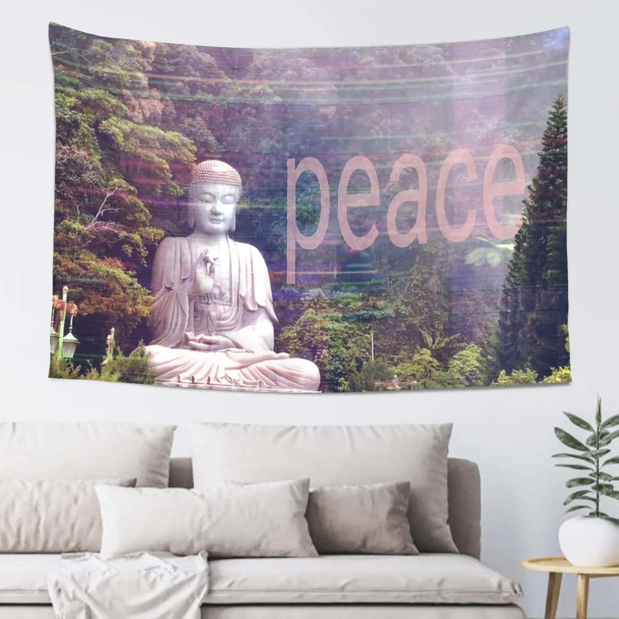 Stone Buddha Statue Peace Letter Mountain Forest Nature Zen Wall Hanging Tapestry Home Bedroom Living Room Dorm Decor