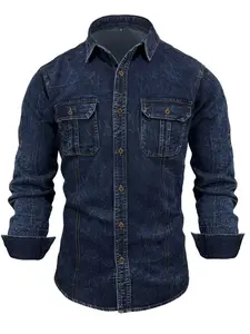 Men's Water-Washed Distressed Denim Shirt Long Sleeves Button-Up Collar Workwear Style Front Pocket Brown Buttons Versatile for Work & Casual Outings
