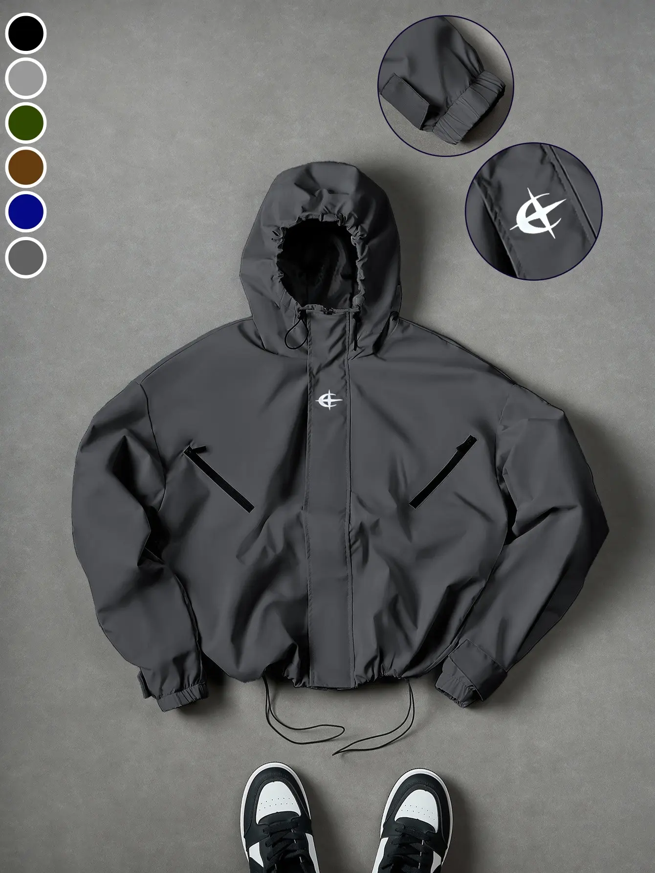 Men’s hooded outdoor jacket, men’s athletic hardshell jacket, casual hooded outerwear, casual sports top, embroidered detail decoration, windproof design, available in multiple colors, suitable for outdoor travel, cycling, camping, and more.