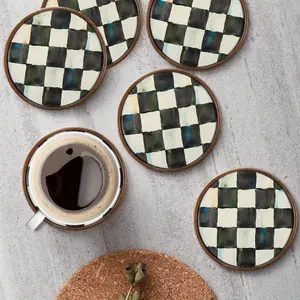 6pcs Round Wooden Plates - Black and White Checkerboard Design - 2d Flat Tolerant Beverage Coaster Coffee Hot Drink Cup Table Mat Kitchen Accessories, Home Coffee Desktop Protection, Best Housewarming Gift 4 Inches