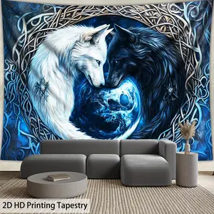 1 Piece Extra Large Loving Wolf Couple Starry Sky Aesthetic High-Definition Print Tapestry, Polyester Fiber Printed Tapestry, Birthday Gift, Room Decoration, Party Decoration, Suitable for Living Room, Bedroom, Dormitory, with Free Hanging Clips