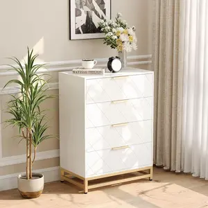 White Elegant 4-Drawer Wood Dresser – Stylish Storage Chest with Wide Drawers and Gold Handles for Bedroom, Living Room, and Hallway