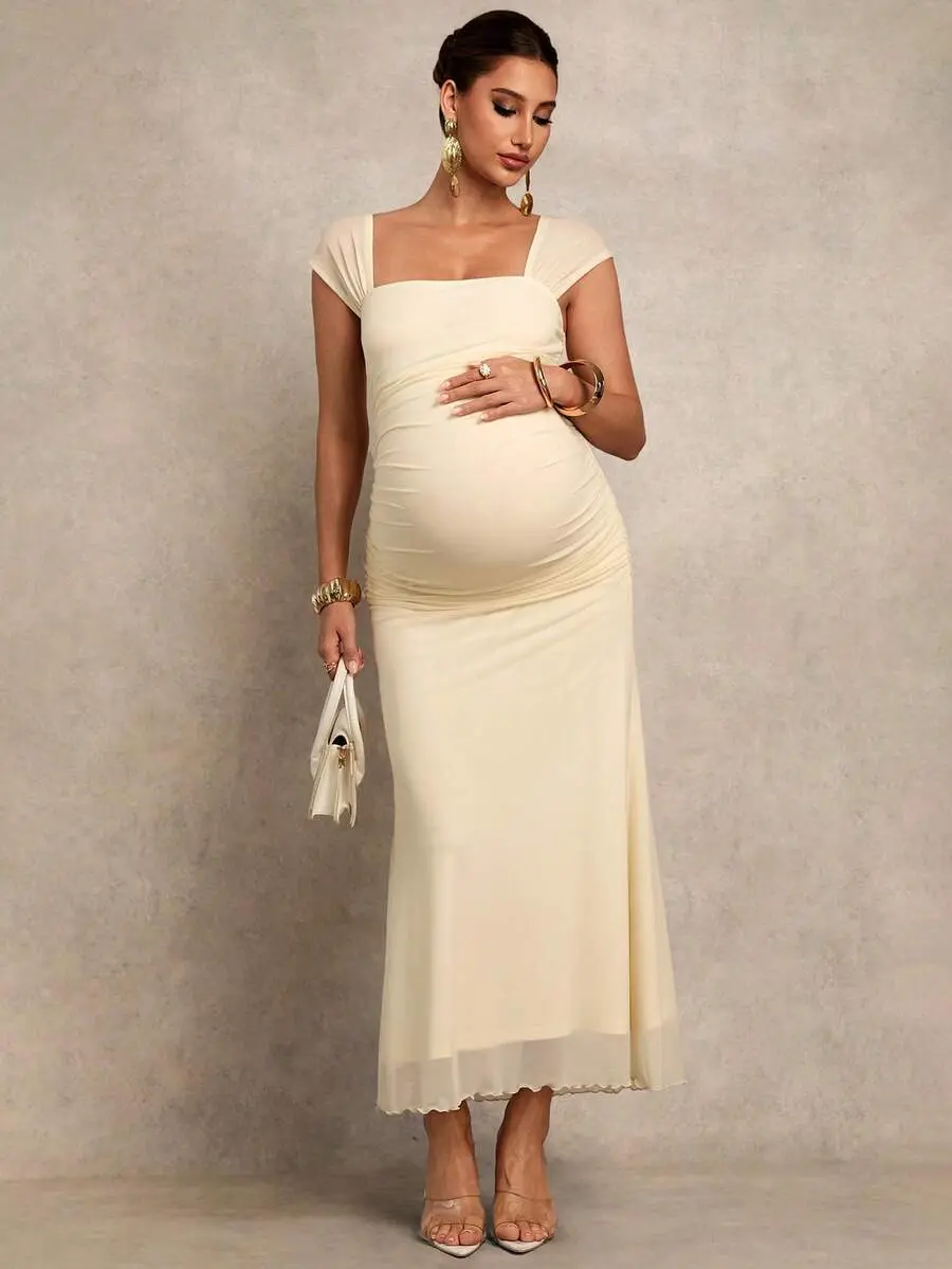 LUNA LAYER Womens Maternity Square Neck Ruched Fitted Fishtail Hem Elegant Long Dress