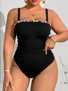 Plus Size Floral One-Piece Swimsuit Bandeau Top for Summer Beach Vacation