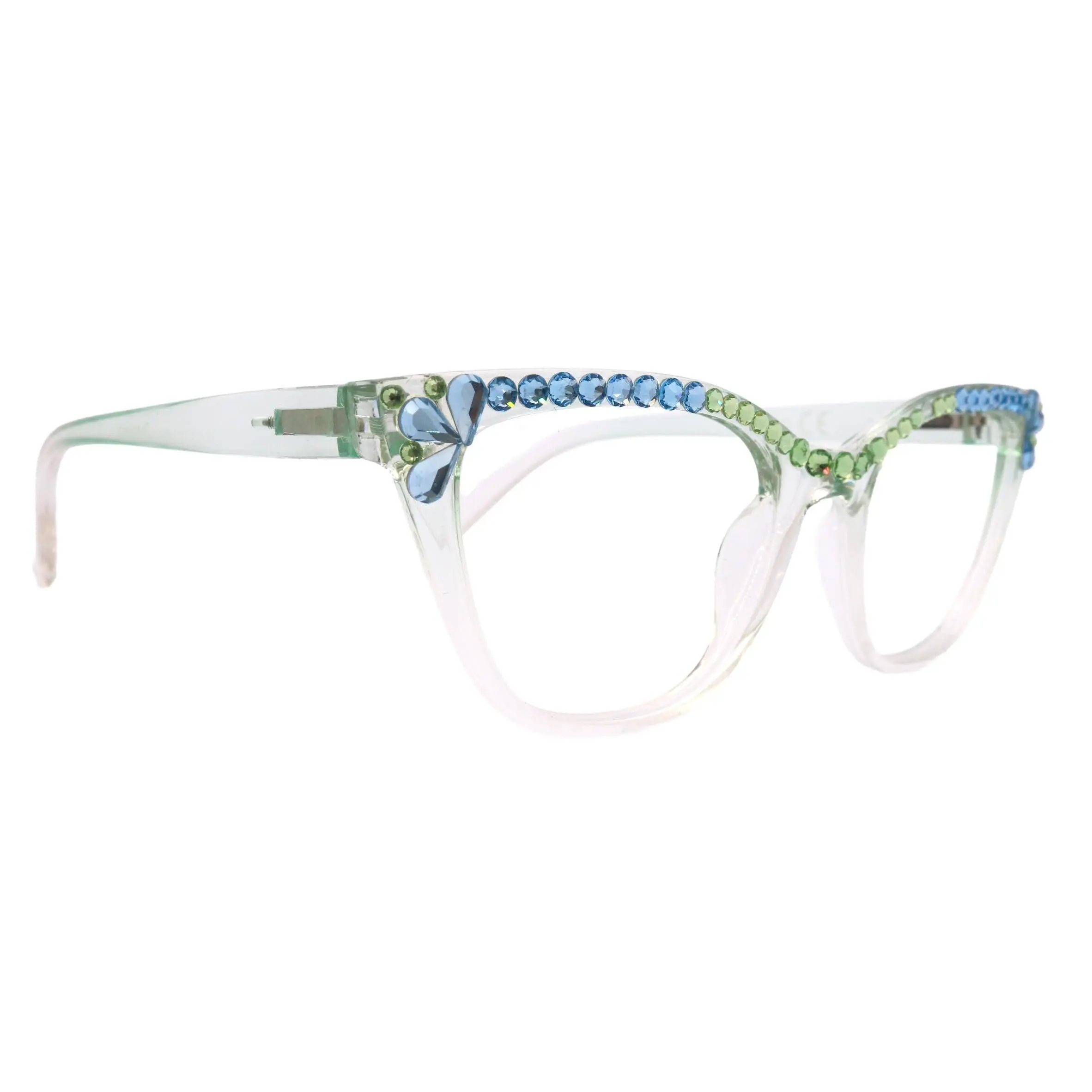 Vivienne, Bling Reading Glasses for Women, Handmade with Aquamarine/Pridot Genuine European  Crystals, Transparent Frame. NY Fifth Avenue Lightweight Clear