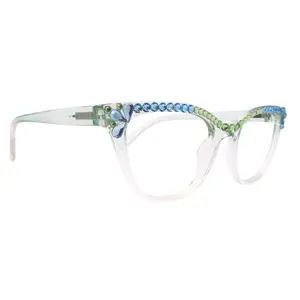 Vivienne, Bling Reading Glasses for Women, Handmade with Aquamarine/Pridot Genuine European  Crystals, Transparent Frame. NY Fifth Avenue Lightweight Clear