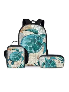 Turtle pattern printed 17-inch backpack three-piece set (single-layer backpack + shoulder strap lunch bag + single-layer pencil case)