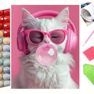 Cool White Cat with Pink Sunglasses Headphones and Bubble Gum 5D Full Drill Diamond Painting Kit Trendy Design with Shimmering Hot Pink Accents Pop Art Style DIY Wall Decor Ideal Gift For Cat Lover & Craft Enthusiasts