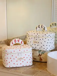 Cute Love Heart Embroidered Makeup Bag, Women's Large Capacity Cosmetic Organizer, Stylish Pouch for Students