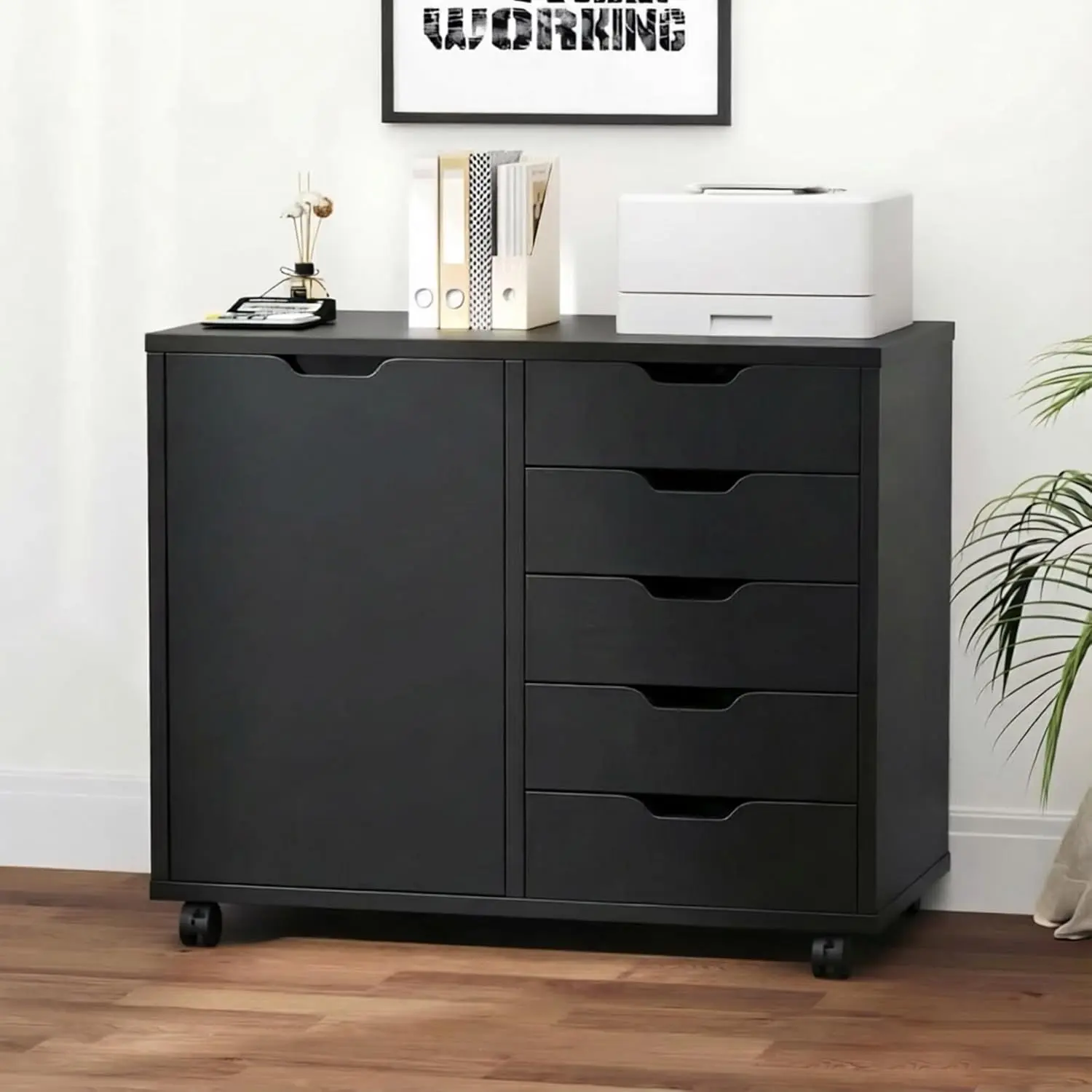 Sweetcrispy Modern Wooden 5-Drawer Rectangle Storage Chest - Bedroom Dressers and Chests, 1 Door, Smooth & Lockable Rolling Castors, 150lb Capacity, Adjustable Shelves, Deep File Drawers, Durable Indoor Cupboard, Assembly Required (Office & Bedroom Use)